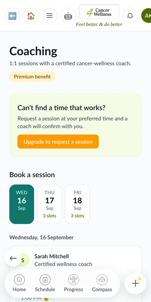 4CW app 1:1 wellness coaching booking